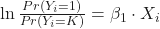 \ln\frac{Pr(Y_i=1)}{Pr(Y_i=K)}=\beta_1 \cdot X_i