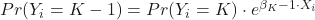 Pr(Y_i=K-1)={Pr(Y_i=K)} \cdot e^{\beta_K-1 \cdot X_i}