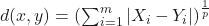 d(x,y)=\left(\sum_{i=1}^{m}|X_i-Y_i|\right)^\frac{1}{p}